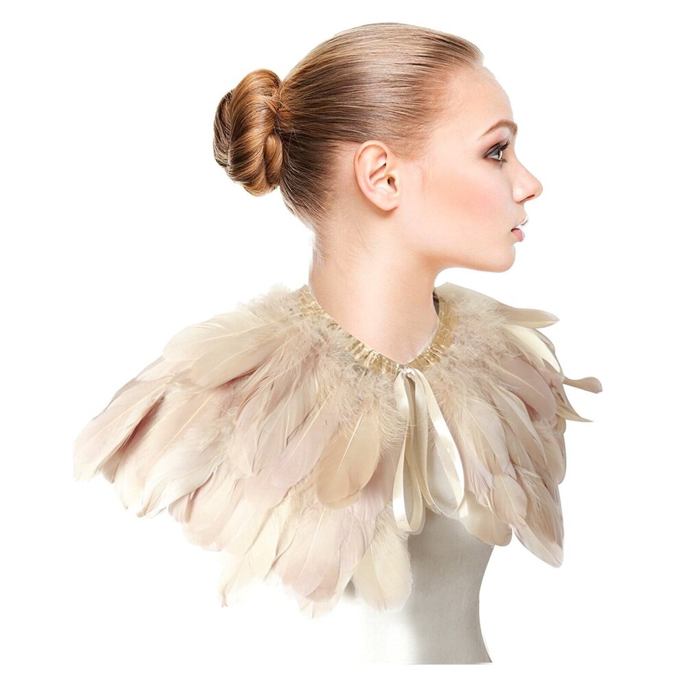 6129 Fashion Feather Cape Stole Black White Beige Shawl Iridescent